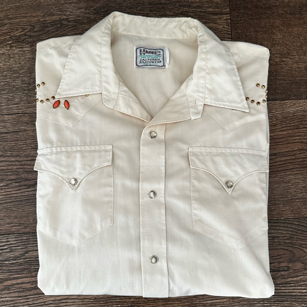 VINTAGE 70s H BAR C WESTERN SHIRT PEARL SNAP STUDDED YOKE LONG SLEEVE MEN M/L
